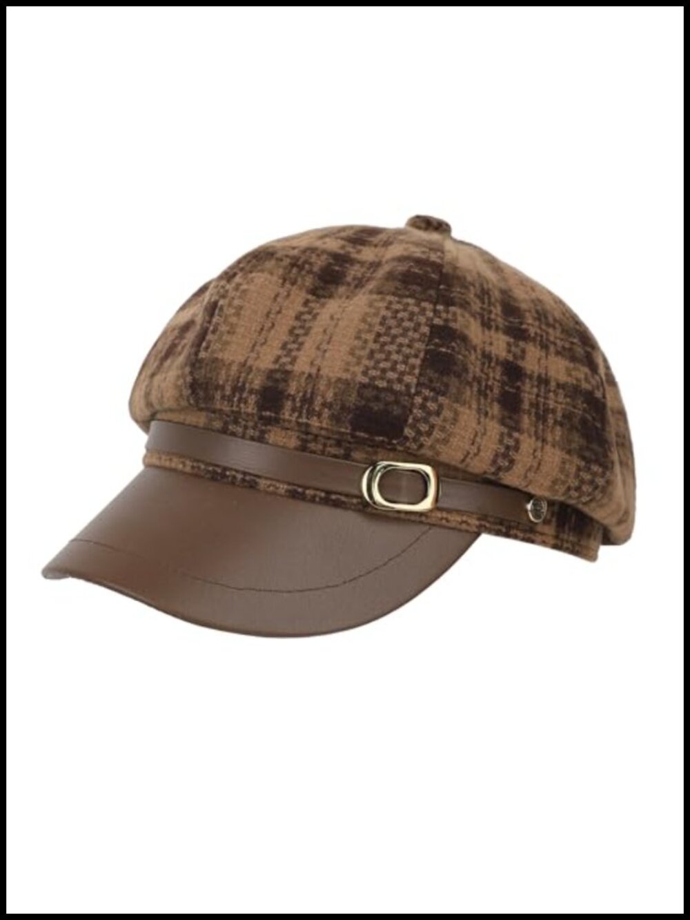 Womens Plaid Newsboy Hat Faux Leather Visor Cabbie Gatsby Cap